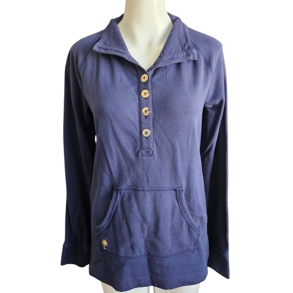 Lilly Pulitzer Medium Women Navy Blue Cotton Stretch‎ Knit Gold Buttons